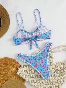 Swim Mod 女款淺藍色花卉比基尼套裝，2件式夏季海灘度假泳衣，附格子飾邊、前領結、可調節肩帶與性感三角褲，可愛波希米亞風 - 藍色 - 查看 8