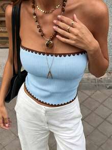 Cévolie Áo ống mùa hè ôm sát, phối viền tương phản, thời trang - Màu xanh lam - Xem 3