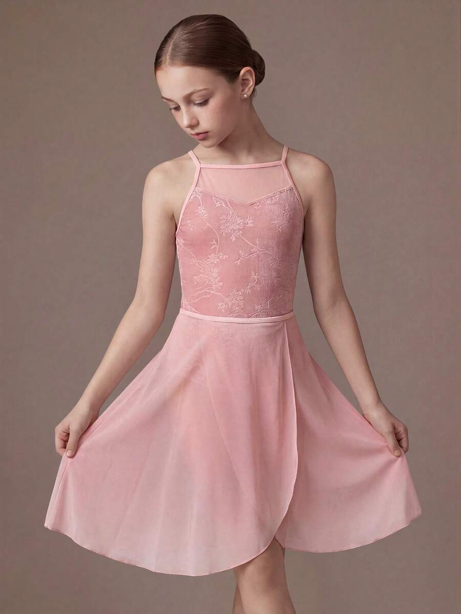 SHEIN Bộ áo liền quần và váy ngắn in hoa cho bé gái tuổi teen, trang phục thể thao thường ngày. - Hồng - Xem 1