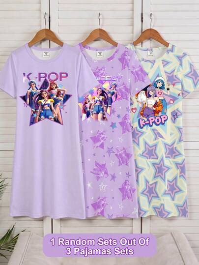 SHEIN 1 pieza Camisón de punto con estampado de ídolo K-POP para niñas, suave y cómodo, cuello redondo suelto de manga corta, adecuado para ropa de dormir o uso casual