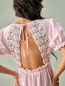 SoleilVie Đầm nữ kiểu Pháp lãng mạn màu hồng, chất liệu ren móc, tay phồng, hở lưng, thắt eo, dài đến đầu gối, thích hợp cho kỳ nghỉ biển, hẹn hò, tiệc trà, kỳ nghỉ phóng khoáng, đầm hồng, đầm thanh lịch. - Hồng - Xem 2
