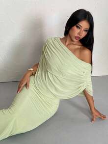 SHEIN PETITE Đầm maxi lưới ôm sát, thanh lịch, màu xanh nhạt trơn, xếp ly, lệch vai, thích hợp cho mùa xuân/hè, kiểu dáng thanh lịch, đầm suông. - màu xanh lá - Xem 7