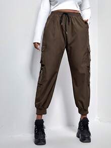 Muchica Black Plus Flap Pocket Drawstring Cargo Pants - Coffee Brown - View 4