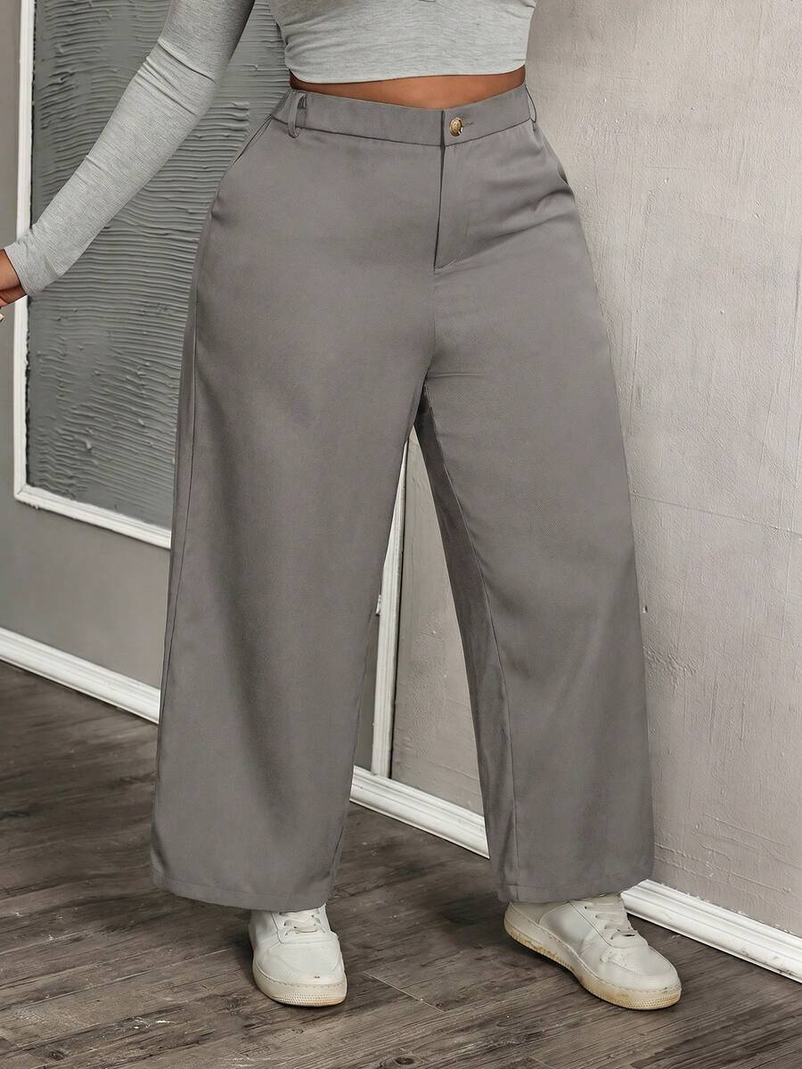 SHEIN PETITE CURVE 大码女士纯色简约日常休闲裤 - 深灰色 - 查看 1