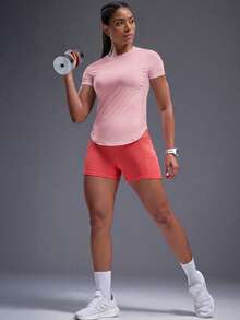 Powerista Solid Color Asymmetric Hem Round Neck Summer Short Sleeve Sports T-Shirt - Pink - View 6