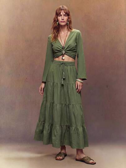  Fembélia Women's Solid Color Overlapping V-Neck Flare Sleeve Cropped Shirt And Skirt 2-Piece Vacation Set