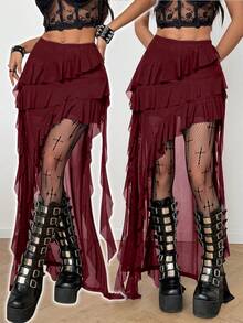Coolane Váy dài nữ mùa Xuân/Đông phong cách Gothic Y2K, thời trang đường phố, du lịch, Boho Y2K, nhạc đồng quê, Gyaru, ren, bất đối xứng, xếp nếp, tua rua, màu đen, cạp thấp. - Màu Đỏ Sâu - Xem 3