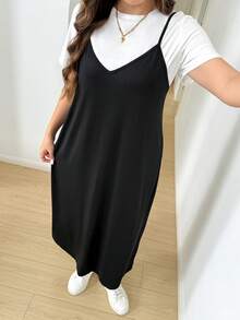 SHEIN LUNE 大码女式纯色圆领短袖上衣和纯色吊带连衣裙休闲日常两件套 - 彩色 - 查看 5
