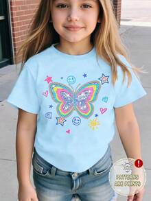 Girls' Casual Colorful Butterfly, Rainbow, Heart Graphic Print Short Sleeve T-Shirt, Comfortable Basic Tee For Spring, Summer, Fall - Blue - View 3