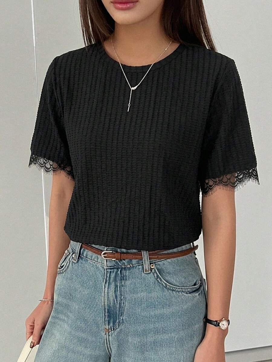 DAZY Women's Summer Round Neck Short Sleeve Lace Patchwork Casual Pullover T-Shirt - Black - View 1