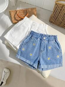 SHEIN Bộ 2 chiếc quần short denim dáng rộng, màu xanh trắng, thêu hoa cúc, cạp chun xếp ly dành cho bé gái. - Xanh và trắng - Xem 6