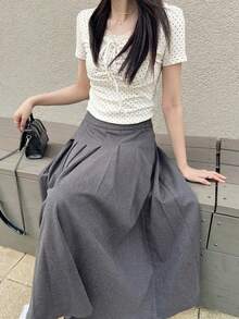Dazy Tall 高个女式休闲波点蕾丝拼接长袖T恤 - 黑與白 - 查看 4