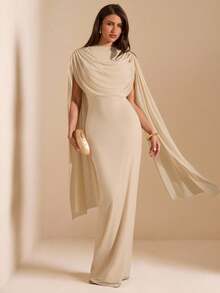 SHEIN BAE Summer Women's Elegant Beige Maxi Dress,Solid Color Apricot Ribbon Fitted Date Wedding Bridesmaid Prom Birthday Dining Party Dress,Summer - Apricot - View 2