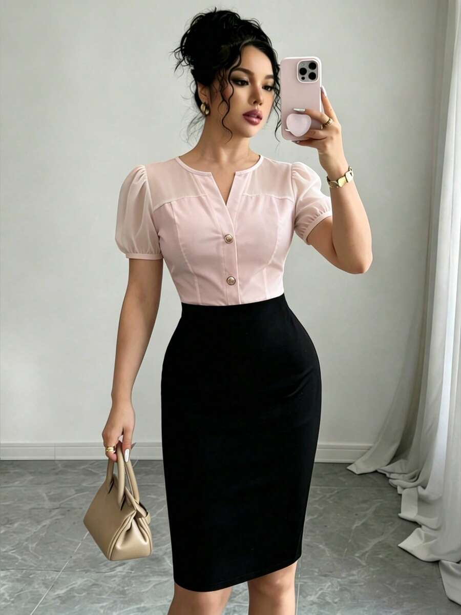 Rafferiza 新款女式優雅性感洋裝,適合辦公室、度假、海灘、工作、約會、派對、生日派對、音樂會、情人節和嘉年華場合。新款夏季風格:女式燈籠袖、收腰、修身剪裁黑白拼色中長洋裝。適合夏季穿著,黑白洋裝,黑白拼色洋裝,工作服,戶外洋裝,夏季服飾,優雅女裝,休閒女裝,中長洋裝。 - 粉色 - 查看 1