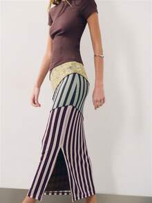 Nöista Patchwork Midi Skirt Features A High-Waisted, H-Line Silhouette With Unique Visual Impact From The Diagonal Design.Comfortable To Wear. - Multicolor - View 3