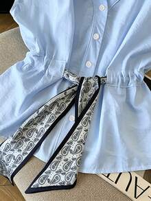 Franclia Linen Sleeveless Shirt For Women,Light Blue,Summer,Elegant,Office,V-Neck,Gold Button,Waist Cinched,Cashew Flower Scarf Decor,,Short Linen Top - Baby Blue - View 6