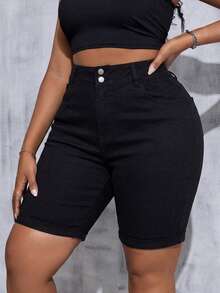 SHEIN Tall CURVE 大码女式白色牛仔弹力紧身短裤 - 黑色 - 查看 4