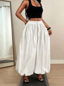 SHEIN BamGlam Quần Harem ống rộng, màu trơn, có dây rút ở eo dành cho nữ. - trắng - Xem 4