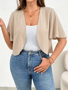 Basic Black Short-Sleeved Cardigan, Versatile And Comfortable For Everyday Wear, Plus Size Women's Casual Fashion, Summer Coats, Going-Out Blouses, Office Wear, Vacation Wear - 米色 - 查看 8