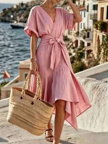 SHEIN Holidaya 1. V领系腰中长连衣裙 - 适合海滩、度假和休闲穿着，波西米亚风蓝色不对称下摆连衣裙 | 女士必备夏季度假连衣裙，轻盈裹身裙，优雅休闲 | V领短袖连衣裙，旅行和派对的完美之选 - 粉色 - 查看 7