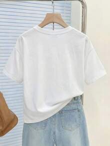 Resyla Camiseta de mujer minimalista y de moda con cuello en V de encaje, regalo para amigos - Blanco - Ver 2