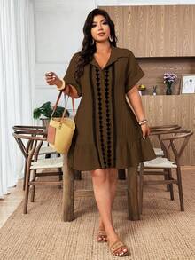 Weeklong Plus Size Women's Contrast Color Ruffle Trim Loose Shirt Dress, Bohemian Style Summer Beach Holiday Outfit - Brown - View 5