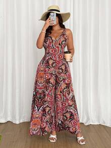 Ceyna Plus Size V-Neck Printed Sleeveless Wide Leg Jumpsuit With Invisible Zipper At Back - Multicolor - View 3