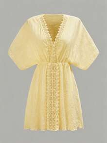 Swim Vcay Vestidos de playa para mujeres, vestido holgado de playa con cuello en V y parches de encaje para mujeres - Amarillo claro - Ver 5
