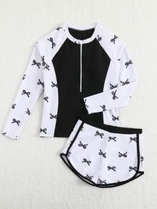 SHEIN 少女比基尼泳衣，少女两件式泳衣，长袖，拉链设计，数码印花，黑白配色，沙滩派对，度假泳装，青少年少女保守泳衣，少女防晒泳衣，少女长袖泳衣，少女长袖防晒泳衣，少女防晒泳衣，少女两件式防晒泳衣，少女泳裤套装，少女防晒套装，少女长袖泳衣，少女沙滩紧身衣套装，少女泳装套装，泳衣，青少年泳衣 - 黑與白 - 查看 5