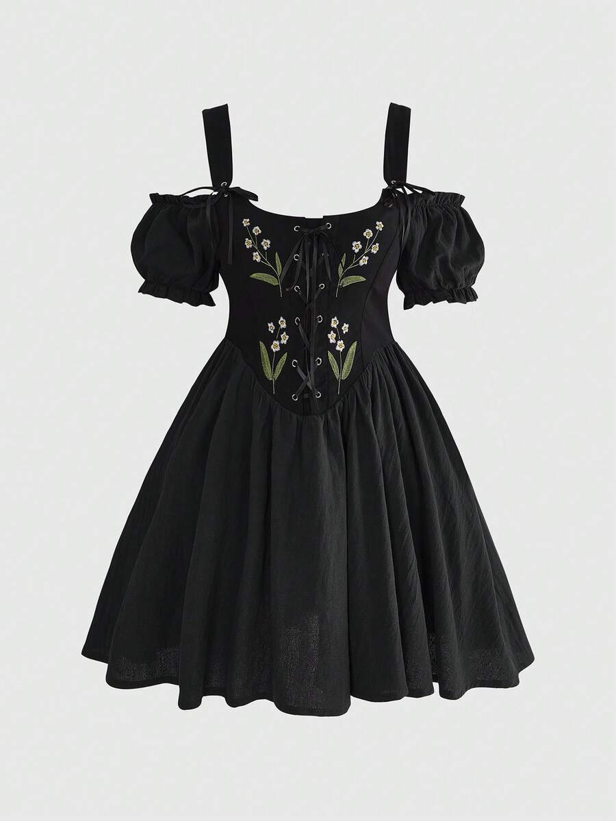 ROMWE Fairycore Plus Size Women Vintage Floral Embroidery Casual Midi Dress - Black - View 1