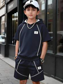 SHEIN 2pcs Boys' Casual White Line Design Hooded Short Sleeve T-Shirt And Knit Shorts 2-Piece Set, Spring/Summer - Navy Blue - View 8