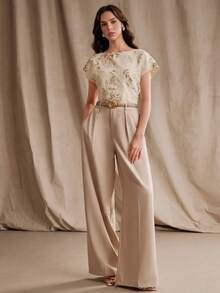 Anewsta Áo thun ngắn tay nữ mùa hè mới, thanh lịch, thêu ren đính sequin màu mơ, áo sequin nữ, trang phục nghỉ dưỡng nữ, thích hợp cho đi chơi, kỳ nghỉ, đi làm, công sở, áo thun nữ thường ngày. - Màu be - Xem 3