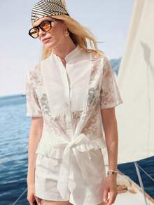 Zovinel Nueva blusa de verano de manga corta con cuello alto de organza y estampado jacquard, estilo francés - Blanco - Ver 4