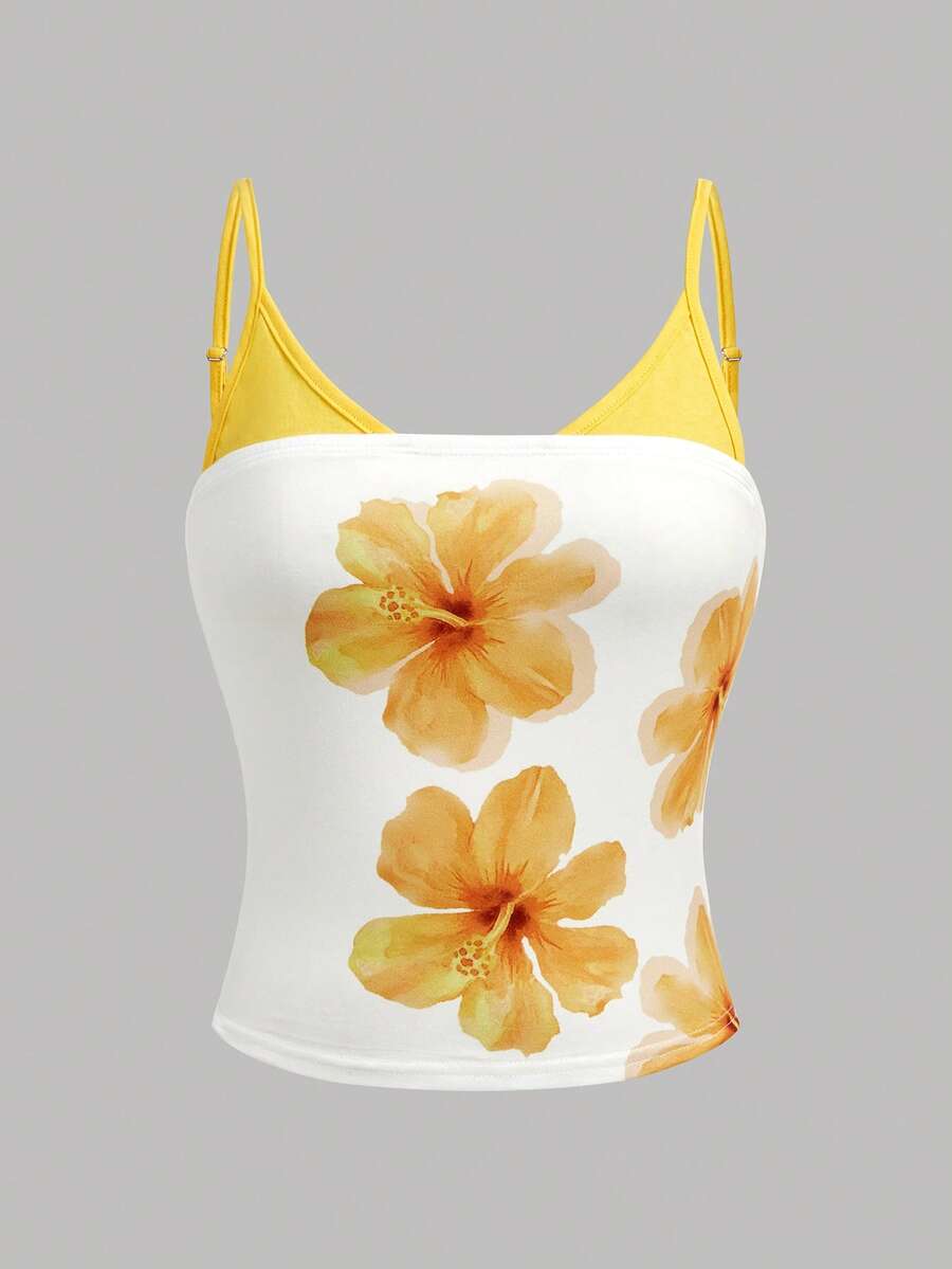 Girlism Teen Girl' Orange Floral Patchwork Camisole, Hibiscus Print Beach Vacation Tank Top, Spring/Summer - Yellow - View 1