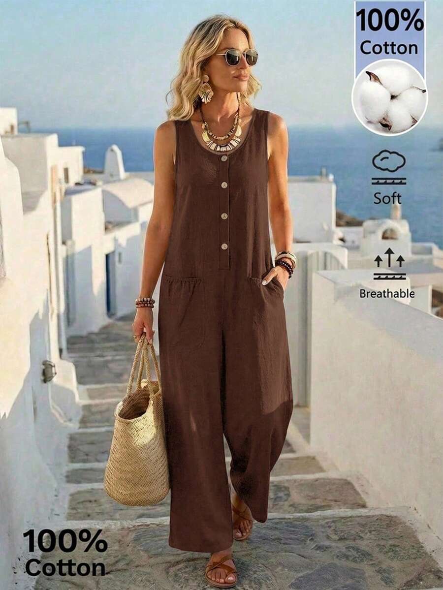 EMERY ROSE Women's Solid Color Round Neck Casual Everyday Jumpsuit - Brown - View 1