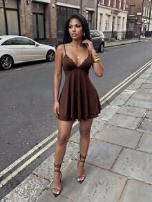 Slaydiva Đầm hai lớp dáng chữ A bằng satin viền ren mùa hè - A - màu nâu - Xem 8
