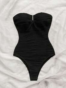 Soleia Black Textured Fabric Halter Bodysuit With Metal Accessories, Suitable For Vacation, Beach, Seaside No Chest Padding - Black - View 4