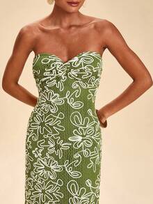 Travachic Fitted Embroidered Waist Midi Bodycon Dress For Women - Olive Green - View 8