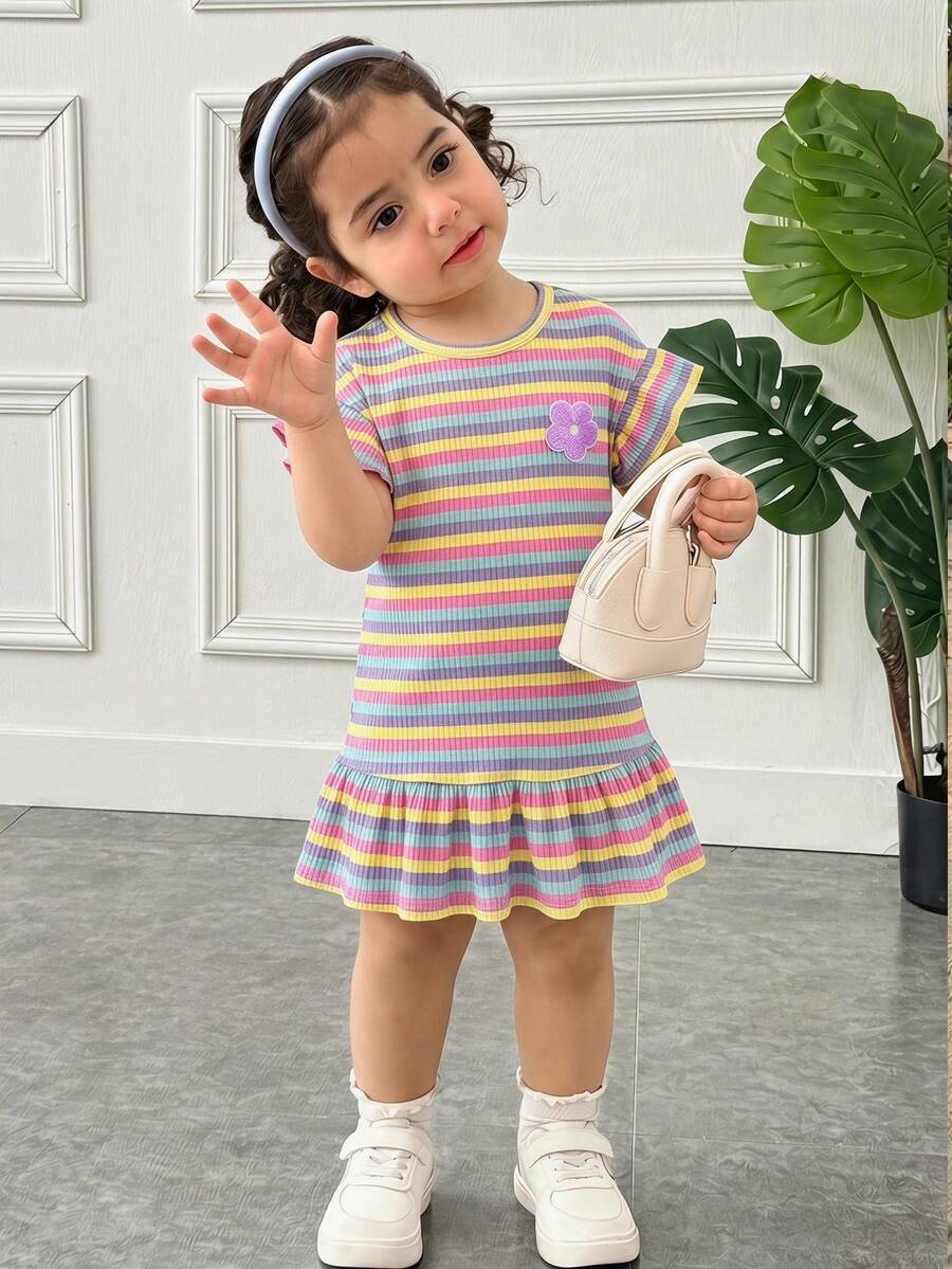 Baby Girl Cute Knitted Striped Heart Pattern Short Sleeve Dress, Spring/Summer - Multicolor - View 1