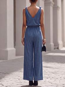 Editum Mono azul elegante y estilizador de cuello en V para mujer, adecuado para el uso diario en verano - Azul - Ver 2