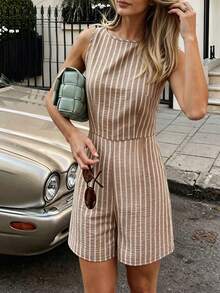 SHEIN PariChic Bộ jumpsuit không tay dáng suông kẻ sọc thắt eo, phong cách nghỉ mát mới dành cho nữ. - Cà phê nâu - Xem 4