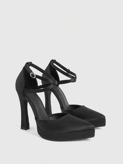 CUCCOO LuxiPop Women Shoes Outdoor Women's Pointed High-Heeled Buttons Decorative Cross-Belt Design Satin Fabric Stylish, Simple And Comfortable Daily Party And Banquet Buckles Solid Color Single Shoes, Nightclub Party Style, Suitable For Spring And Summer, Holiday Season 2000's Style, Holiday Atmosphere, Summer Wear, Travel Must-Have