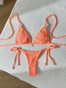 Swim Mod Women's Jacquard Fabric Halter Neck Metal Decor Sexy Bikini Set - Orange - View 2