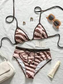 Swim Chiccia Bộ bikini nữ buộc dây cổ yếm, họa tiết hoa, đính hạt cườm, có dây rút. - Nhiều màu - Xem 2