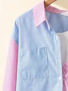 SHEIN Sparklyn 一件少女斜肩翻领两合一竖条纹长袖衬衫。粉色、浅蓝色和浅黄色马卡龙色调的独特配色，赋予其青春、个性、活力四射的感觉。适合女孩春夏日常休闲穿着和通勤。 - 彩色 - 查看 7