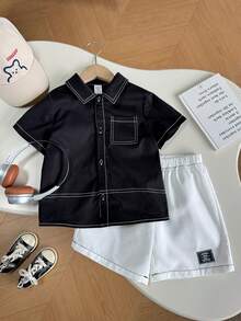 SHEIN Little Byeori Bộ 2 món đồ mùa hè cho bé trai, kiểu dáng thường ngày, dễ thương, đa năng, in chữ, gồm áo sơ mi ngắn tay màu đen và quần short trắng. - màu đen - Xem 5