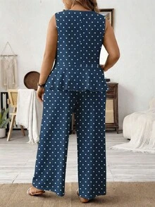 SHEIN LUNE Plusstorlek Dam Prickig Rundhalsad Topp Och Byxor Casual Vardags 2-delat Set, Lämpligt För Sommaren - Multifärgad - Visa 2