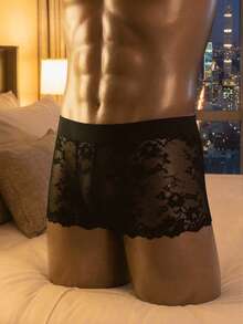 SHEIN DrisQ Ropa interior masculina sexy de encaje transparente y cintura baja - Negro - Ver 3