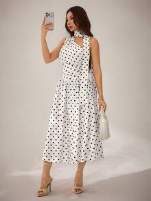 SHEIN PETITE Đầm midi không tay họa tiết chấm bi cho nữ, đầm dự lễ hội, đầm dự tiệc, đầm mùa hè, đầm dự đám cưới cho nữ, đầm tốt nghiệp, đầm thanh lịch cho nữ, trang phục dự lễ hội âm nhạc, đầm dự tiệc trà, đầm chấm bi, đầm midi chữ A chấm bi lấy cảm hứng từ phong cách vintage cho nữ, đầm thập niên 1950 cho nữ, đầm ruy băng, đầm dạ hội sang trọng cho nữ, đầm tốt nghiệp cho nữ, đầm mùa hè cho nữ - Đen và trắng - Xem 3