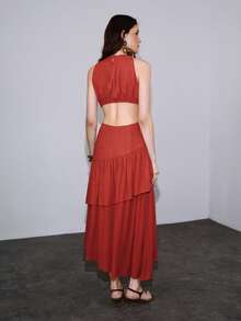 PREMIUM LINEN HOLLOW-OUT WAIST DRESS, VACATION STYLE, SPRING/SUMMER - Redwood - View 3